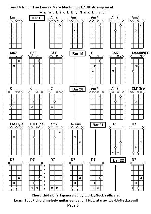 Chord Grids Chart of chord melody fingerstyle guitar song-Torn Between Two Lovers-Mary MacGregor-BASIC Arrangement,generated by LickByNeck software.